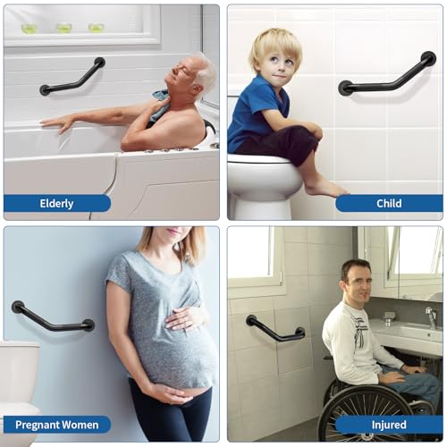 Munzong 16 Inch Angled Shower Grab Bar Black, Munzong 2 Pack Anti Slip Bathroom Grab Bar, Knurled Bathroom Balance Bar,Safety Hand Rail Support Handicap Elderly Injury Senior Assist Bath Handle-1.25” Tube - Image 5