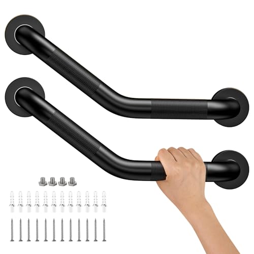 Munzong 16 Inch Angled Shower Grab Bar Black, Munzong 2 Pack Anti Slip Bathroom Grab Bar, Knurled Bathroom Balance Bar,Safety Hand Rail Support Handicap Elderly Injury Senior Assist Bath Handle-1.25” Tube - Image 1