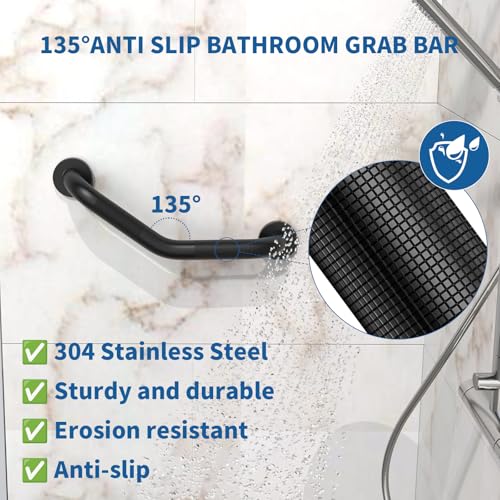 Munzong 16 Inch Angled Shower Grab Bar Black, Munzong 2 Pack Anti Slip Bathroom Grab Bar, Knurled Bathroom Balance Bar,Safety Hand Rail Support Handicap Elderly Injury Senior Assist Bath Handle-1.25” Tube - Image 4