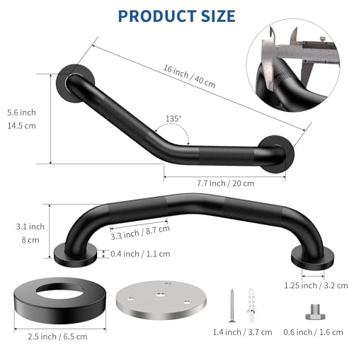 Munzong 16 Inch Angled Shower Grab Bar Black, Munzong 2 Pack Anti Slip Bathroom Grab Bar, Knurled Bathroom Balance Bar,Safety Hand Rail Support Handicap Elderly Injury Senior Assist Bath Handle-1.25” Tube - Image 2