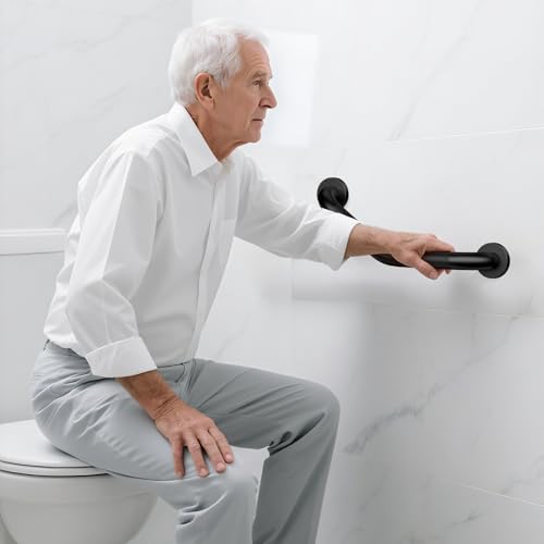 Munzong 16 Inch Angled Shower Grab Bar Black, Munzong 2 Pack Anti Slip Bathroom Grab Bar, Knurled Bathroom Balance Bar,Safety Hand Rail Support Handicap Elderly Injury Senior Assist Bath Handle-1.25” Tube - Image 3
