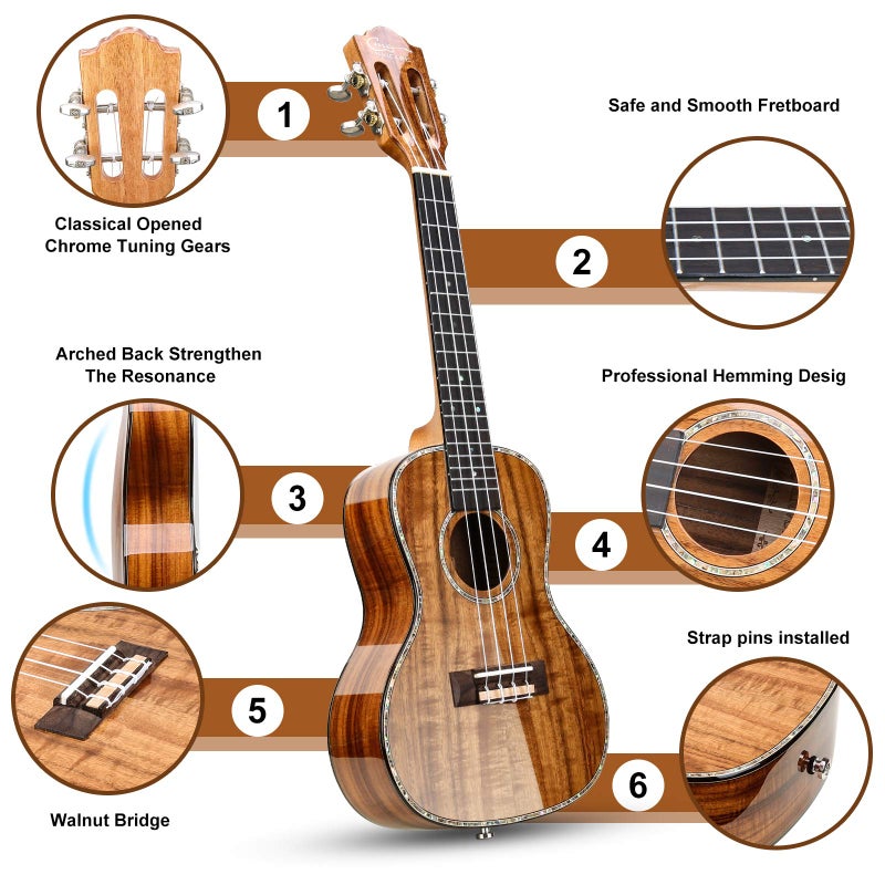 Hricane Concert Ukulele 23 inch UKS-2, 4 Strings Ukeleles For Beginners, Sapele Hawaiian Ukele with Ukulele Case and Ukele String Set (Koa Glossy) - Image 2