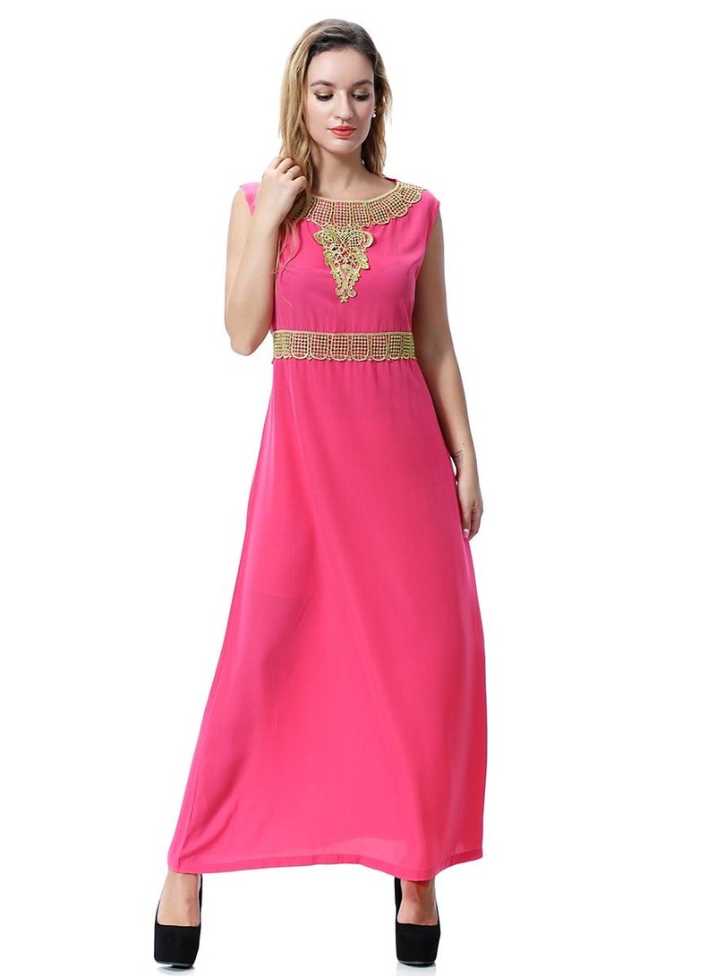 Loquat Women's Round Neck Sleeveless Applique Maxi Long Casual Dress Robe With Belt Rose Pink/Gold  - Image 1