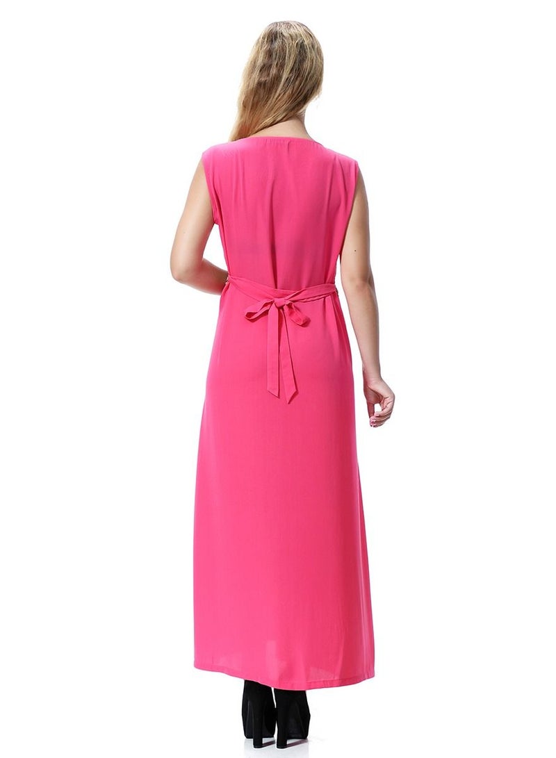 Loquat Women's Round Neck Sleeveless Applique Maxi Long Casual Dress Robe With Belt Rose Pink/Gold  - Image 3