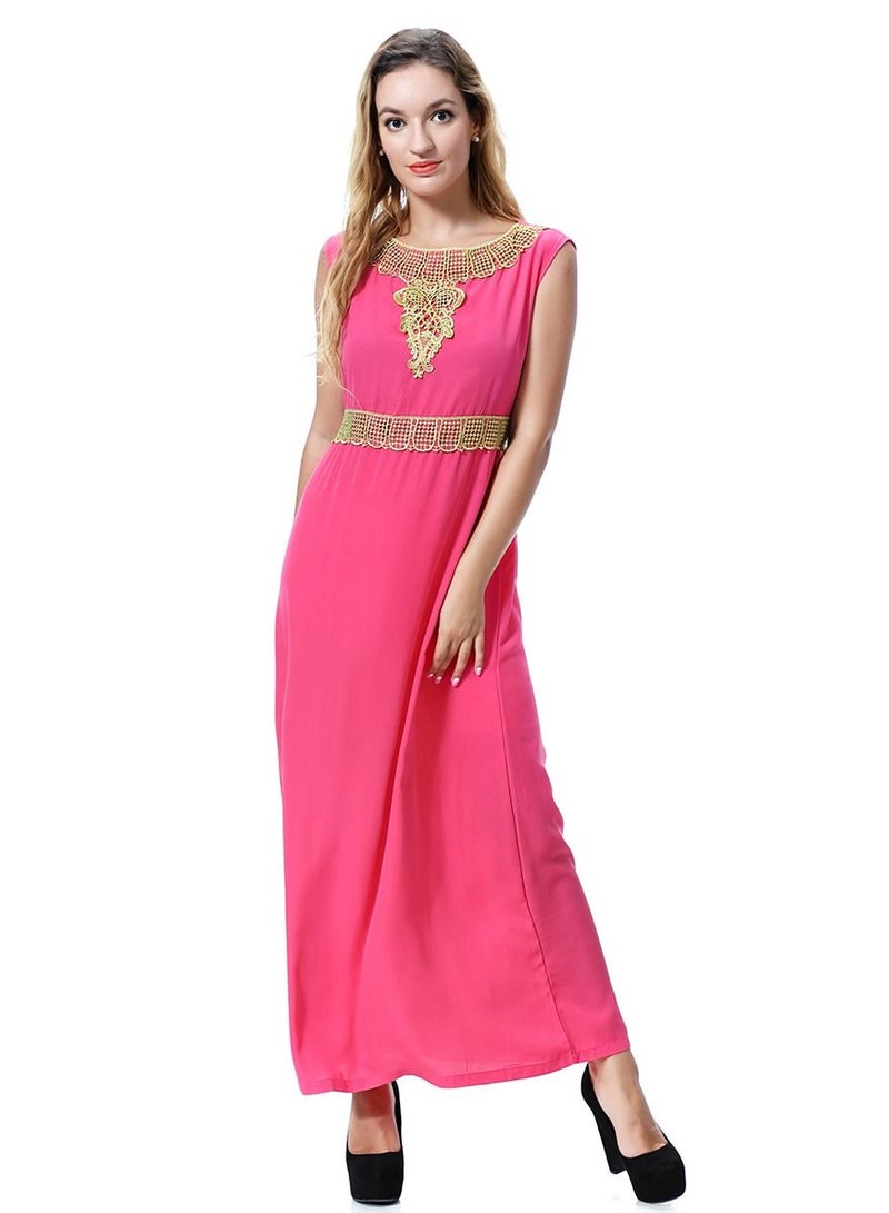 Loquat Women's Round Neck Sleeveless Applique Maxi Long Casual Dress Robe With Belt Rose Pink/Gold  - Image 2