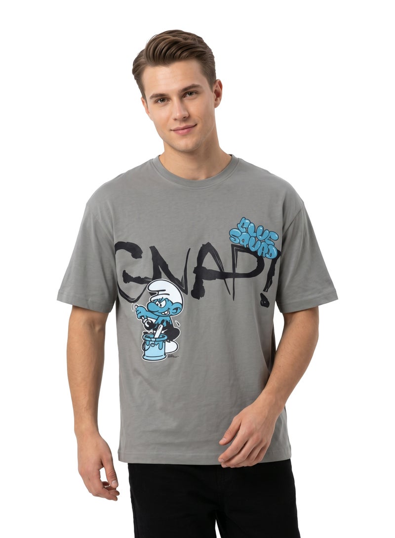 The Smurfs “Snap!” Men’s Drop Shoulder T-Shirt | Smurf Graffiti Graphic Print Casual Crew Neck Cotton Tee - Image 1