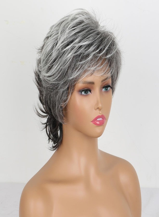 SCENTW Short Mixed Grey Wigs for White Women Layered Natural Wavy Synthetic Wig with Bangs Ladies Pixie Cut Wigs Black Mixed Gray Curly Short Wig - Image 5