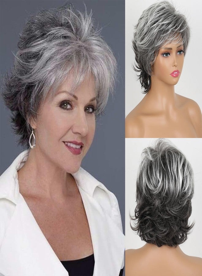 SCENTW Short Mixed Grey Wigs for White Women Layered Natural Wavy Synthetic Wig with Bangs Ladies Pixie Cut Wigs Black Mixed Gray Curly Short Wig - Image 2