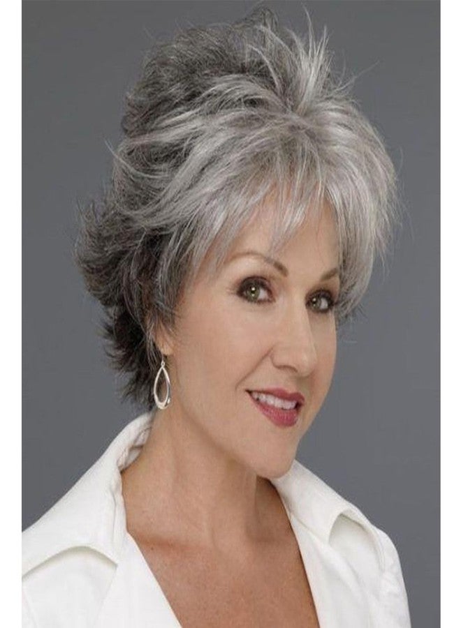 SCENTW Short Mixed Grey Wigs for White Women Layered Natural Wavy Synthetic Wig with Bangs Ladies Pixie Cut Wigs Black Mixed Gray Curly Short Wig - Image 1