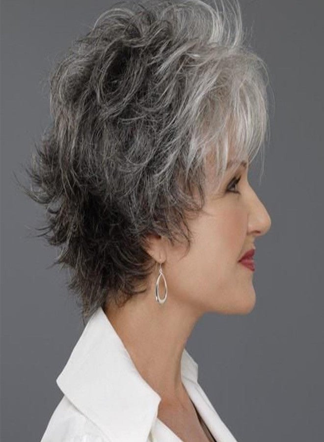 SCENTW Short Mixed Grey Wigs for White Women Layered Natural Wavy Synthetic Wig with Bangs Ladies Pixie Cut Wigs Black Mixed Gray Curly Short Wig - Image 3