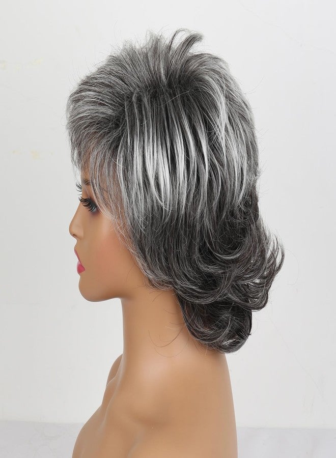 SCENTW Short Mixed Grey Wigs for White Women Layered Natural Wavy Synthetic Wig with Bangs Ladies Pixie Cut Wigs Black Mixed Gray Curly Short Wig - Image 4