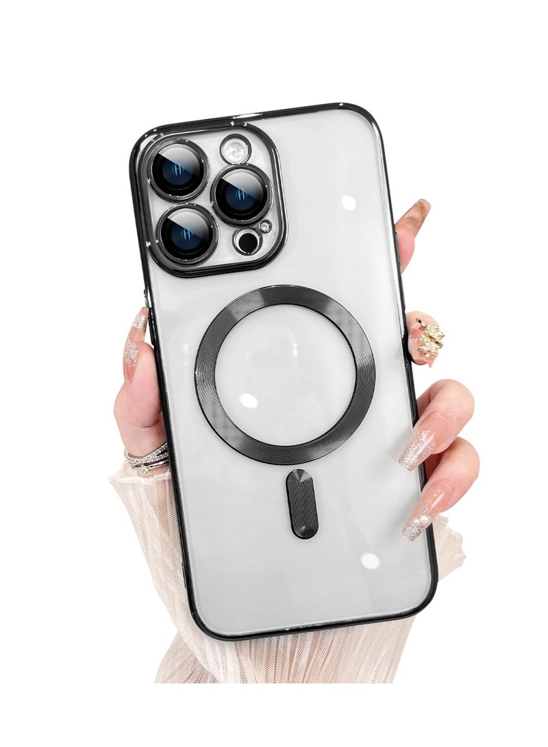 حافظة هاتف مغناطيسية شفافة لهاتف iPhone 16 Pro Max، تصميم حافة مضادة للانزلاق مطلية بالكريستال الشفاف [متوافقة مع شحن Magsafe] غطاء ناعم لحماية عدسة الكاميرا للنساء والرجال (أسود) - Image 1