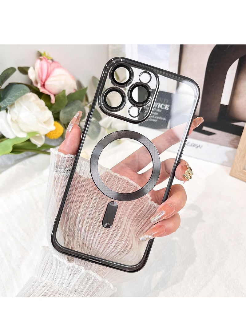 حافظة هاتف مغناطيسية شفافة لهاتف iPhone 16 Pro Max، تصميم حافة مضادة للانزلاق مطلية بالكريستال الشفاف [متوافقة مع شحن Magsafe] غطاء ناعم لحماية عدسة الكاميرا للنساء والرجال (أسود) - Image 4