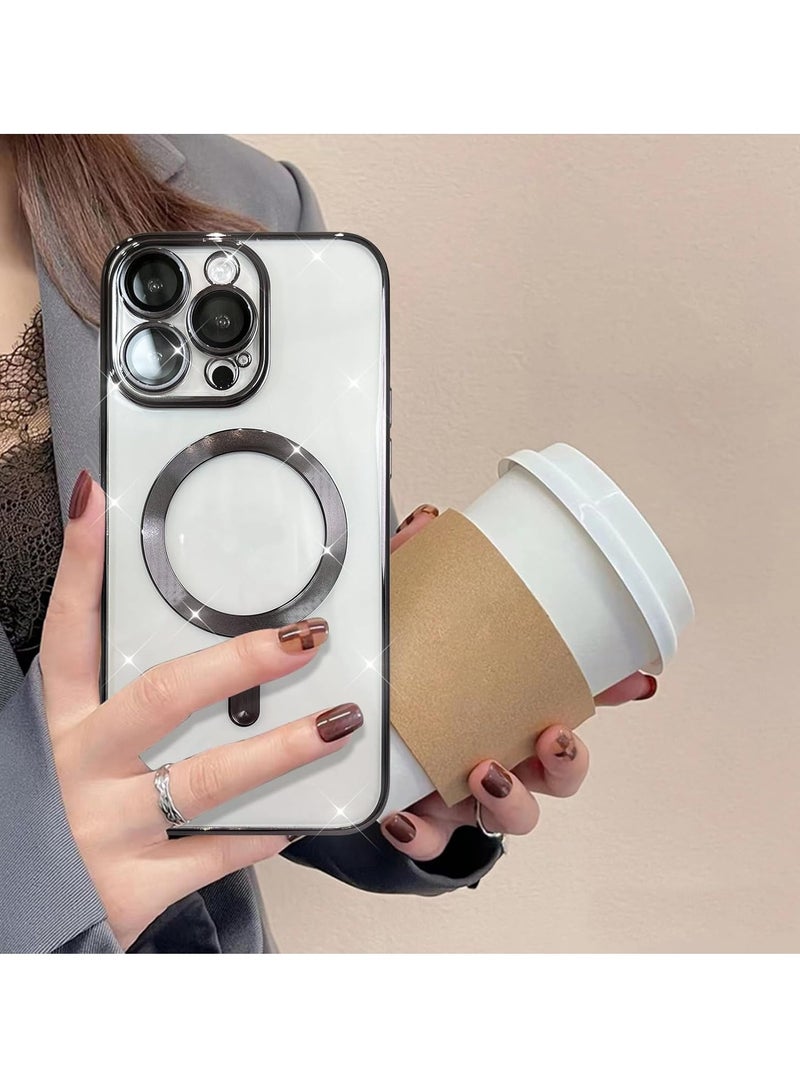 حافظة هاتف مغناطيسية شفافة لهاتف iPhone 16 Pro Max، تصميم حافة مضادة للانزلاق مطلية بالكريستال الشفاف [متوافقة مع شحن Magsafe] غطاء ناعم لحماية عدسة الكاميرا للنساء والرجال (أسود) - Image 5