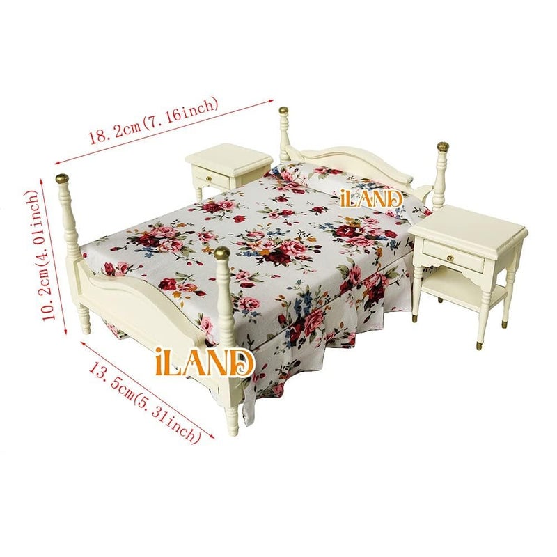 iLAND Wooden Dollhouse Furniture 1/12 Scale, Dollhouse Bedroom Furniture in Cream Color Dollhouse Bed & Dressing Table & Wardrobe Gifts for Girls Kids(Elegant Miniature Furniture 6pcs) - Image 5