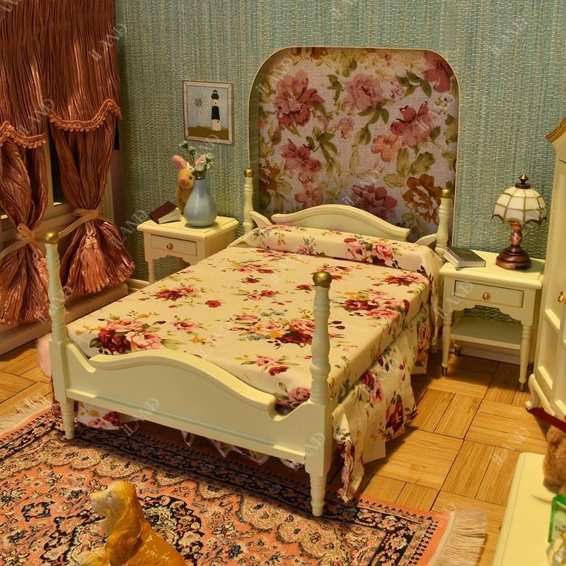 iLAND Wooden Dollhouse Furniture 1/12 Scale, Dollhouse Bedroom Furniture in Cream Color Dollhouse Bed & Dressing Table & Wardrobe Gifts for Girls Kids(Elegant Miniature Furniture 6pcs) - Image 2