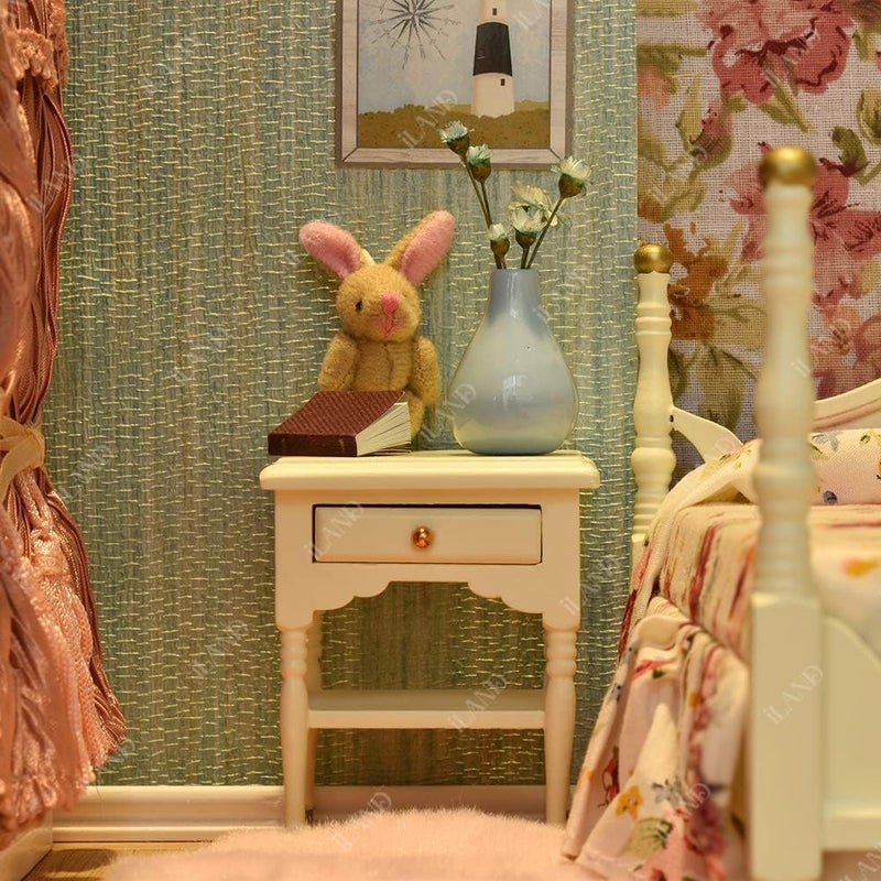 iLAND Wooden Dollhouse Furniture 1/12 Scale, Dollhouse Bedroom Furniture in Cream Color Dollhouse Bed & Dressing Table & Wardrobe Gifts for Girls Kids(Elegant Miniature Furniture 6pcs) - Image 3