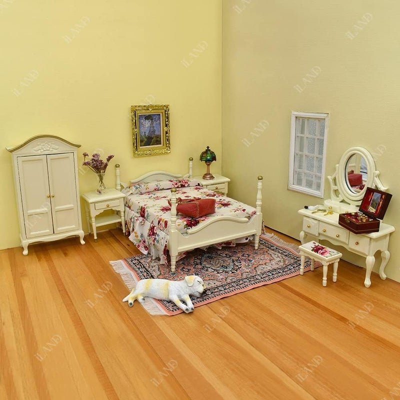 iLAND Wooden Dollhouse Furniture 1/12 Scale, Dollhouse Bedroom Furniture in Cream Color Dollhouse Bed & Dressing Table & Wardrobe Gifts for Girls Kids(Elegant Miniature Furniture 6pcs) - Image 4