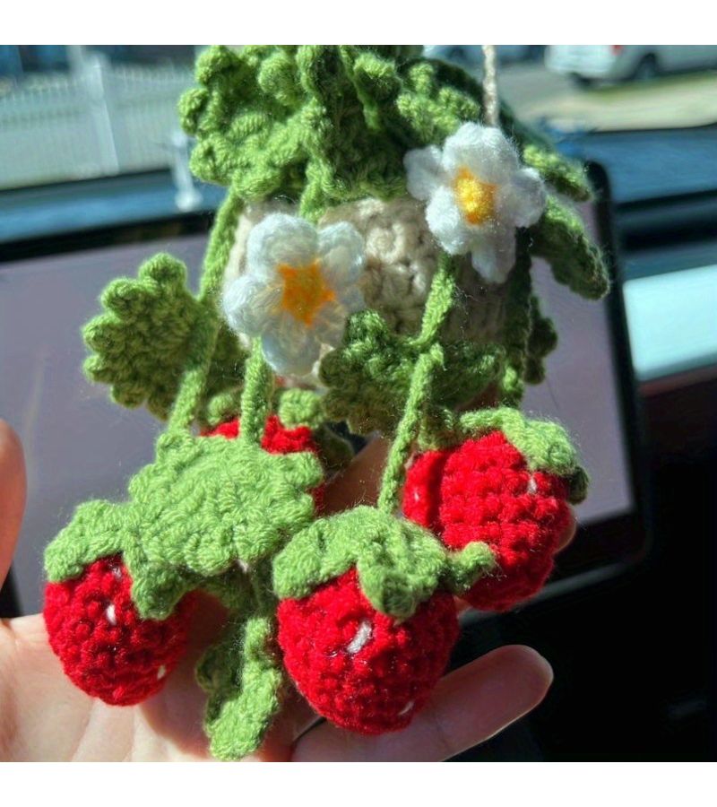Pink And White Flowers Crocheted Strawberry Potted Plant Hanging Ornament Rearview Mirror Charm Pendant Gift - Image 5