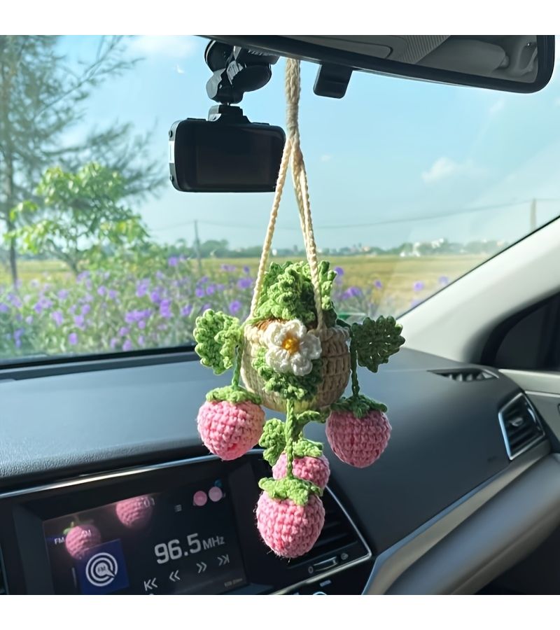 Pink And White Flowers Crocheted Strawberry Potted Plant Hanging Ornament Rearview Mirror Charm Pendant Gift - Image 3