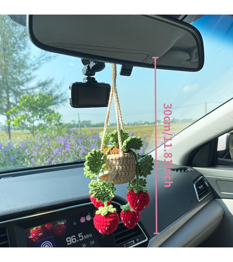 Pink And White Flowers Crocheted Strawberry Potted Plant Hanging Ornament Rearview Mirror Charm Pendant Gift - Image 2