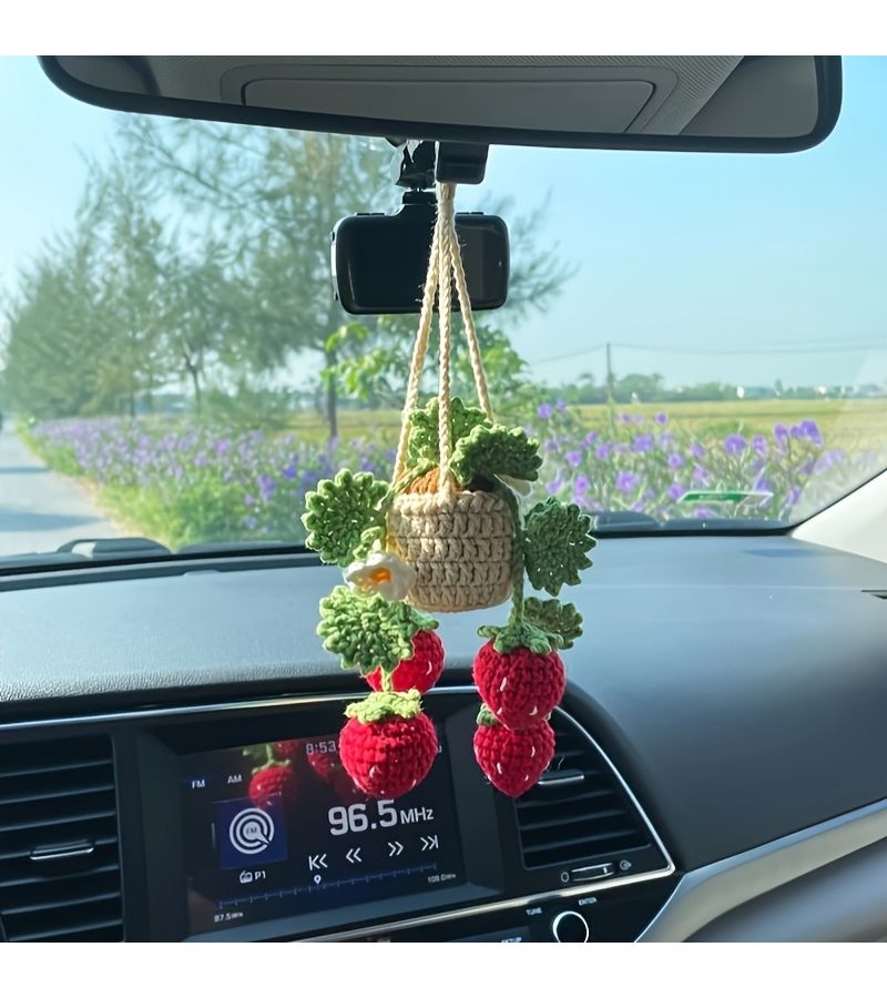 Pink And White Flowers Crocheted Strawberry Potted Plant Hanging Ornament Rearview Mirror Charm Pendant Gift - Image 4