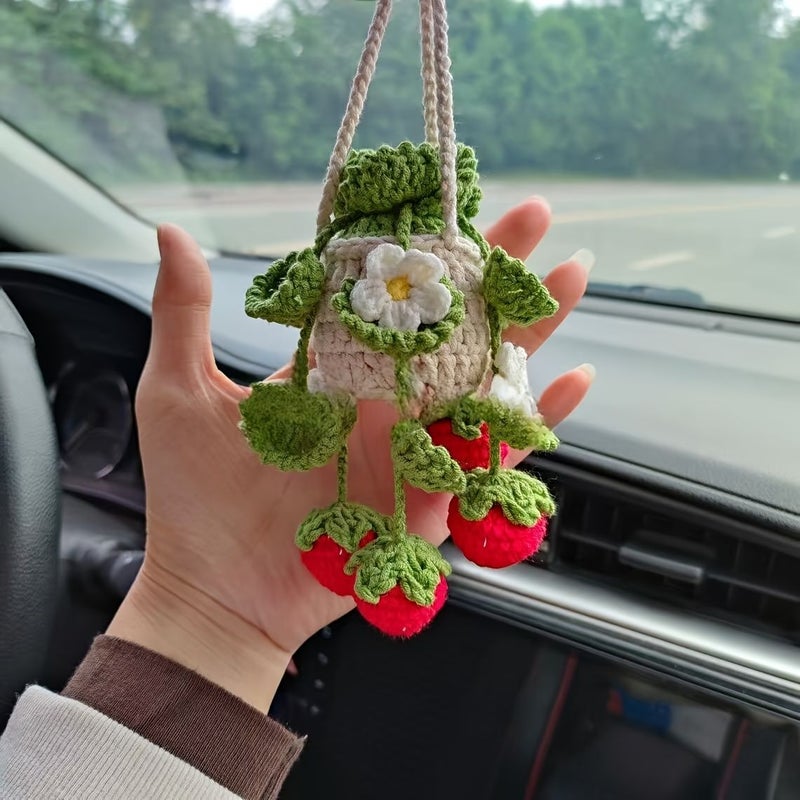 Pink And White Flowers Crocheted Strawberry Potted Plant Hanging Ornament Rearview Mirror Charm Pendant Gift - Image 1