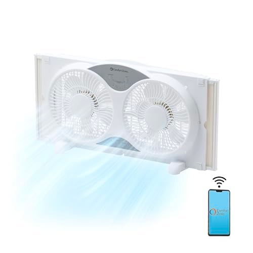Comfort Zone Window Fan for Bedroom 9 inch 3 Speed Dual Fans with AutoLocking Expanders 3 Modes Cool Circulate Exhaust WiFi App Control Fabric Cover plus Bug Screen White