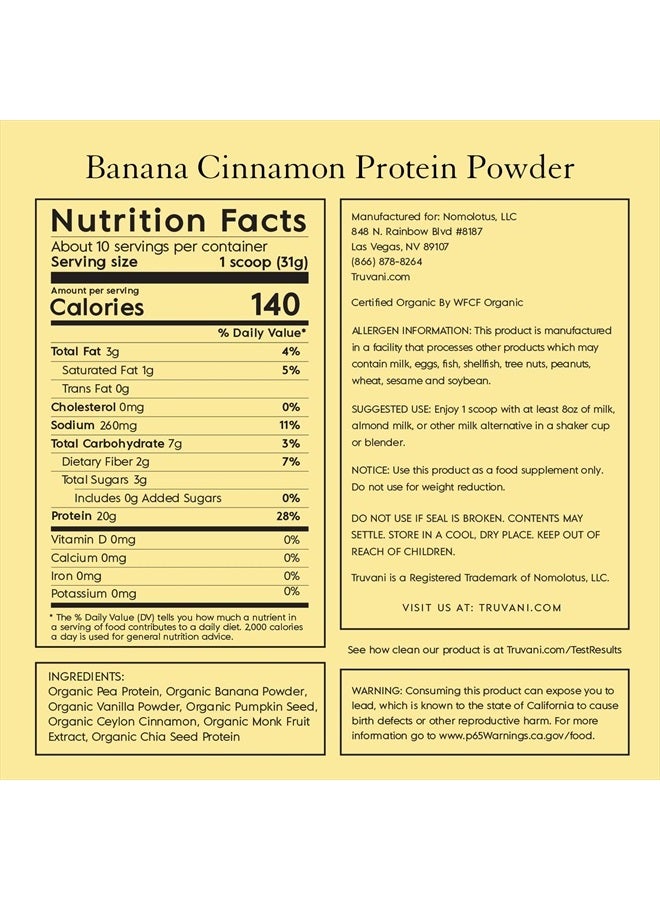 Truvani Vegan Protein Powder | Banana Cinnamon | 20g Organic Plant Based Protein | 10 Servings | Pea Protein for Women and Men | Keto | Gluten & Dairy Free | Low Carb | No Added Sugar - Image 2