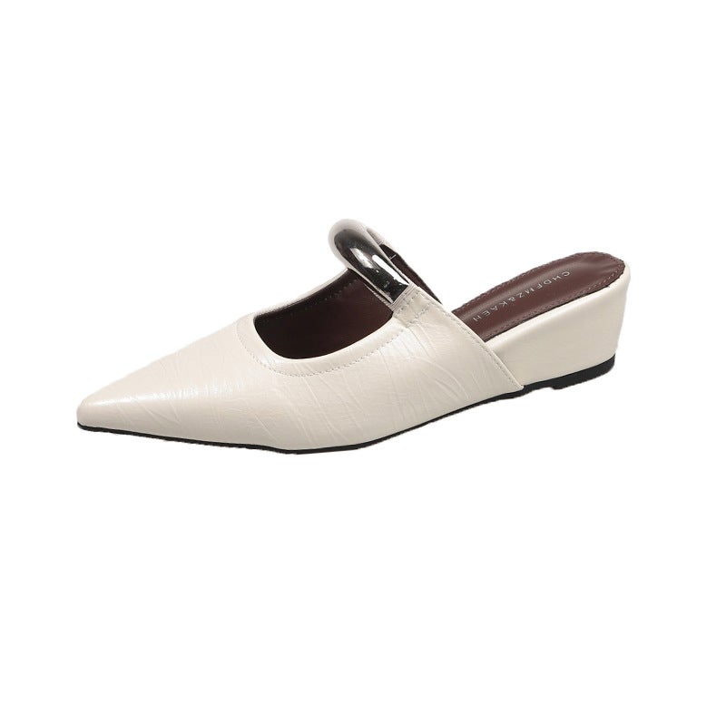 Spring Pointed Mule Shoes Metal French Wedge Commuter Sandals Women'S Elegant Baotou Half Slippers - Image 1