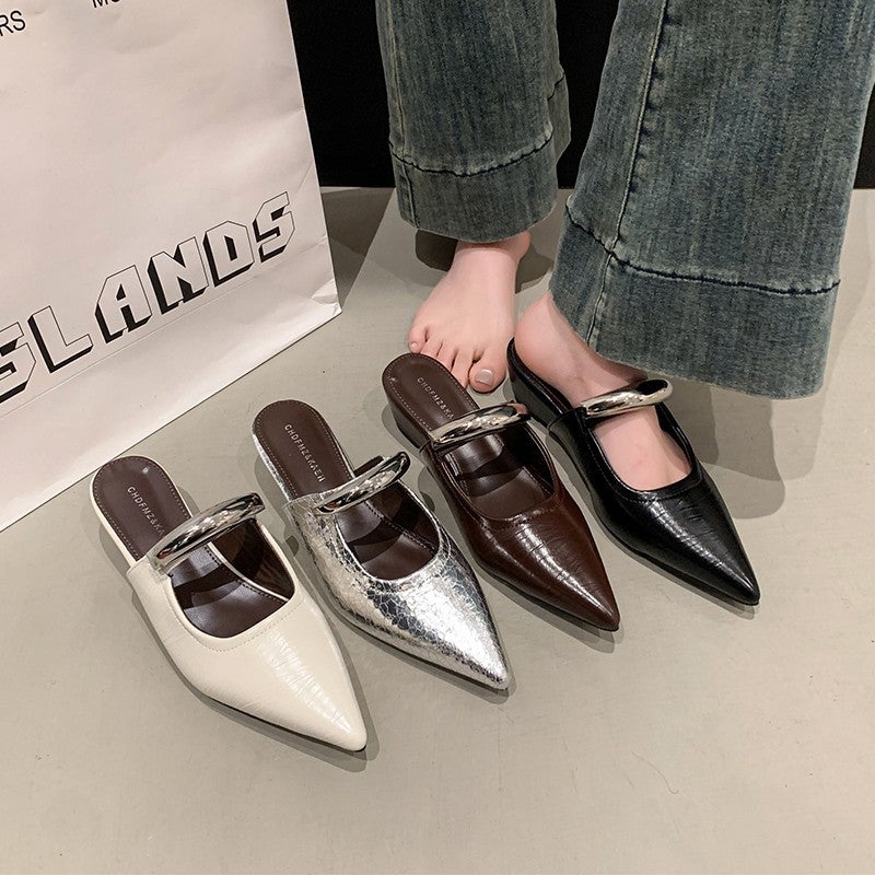 Spring Pointed Mule Shoes Metal French Wedge Commuter Sandals Women'S Elegant Baotou Half Slippers - Image 3