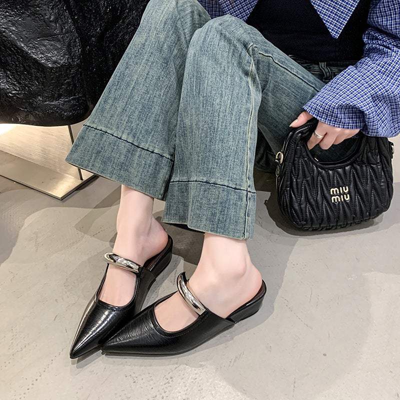 Spring Pointed Mule Shoes Metal French Wedge Commuter Sandals Women'S Elegant Baotou Half Slippers - Image 4