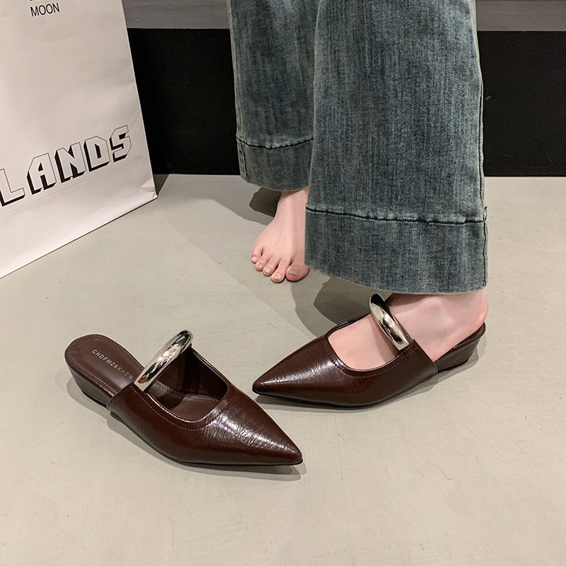 Spring Pointed Mule Shoes Metal French Wedge Commuter Sandals Women'S Elegant Baotou Half Slippers - Image 5