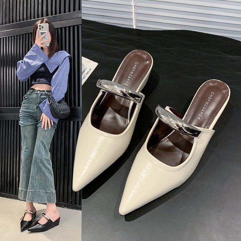 Spring Pointed Mule Shoes Metal French Wedge Commuter Sandals Women'S Elegant Baotou Half Slippers - Image 2