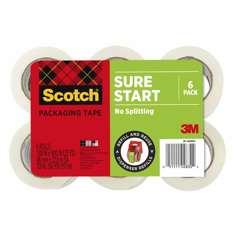 Scotch Sure Start Packing Tape, Clear, Holiday Wrapping Tape with Quiet Unwind and Easy Start, 1.88 in. x 25 yd., 6 Tape Rolls, Packaging May Vary - Image 1