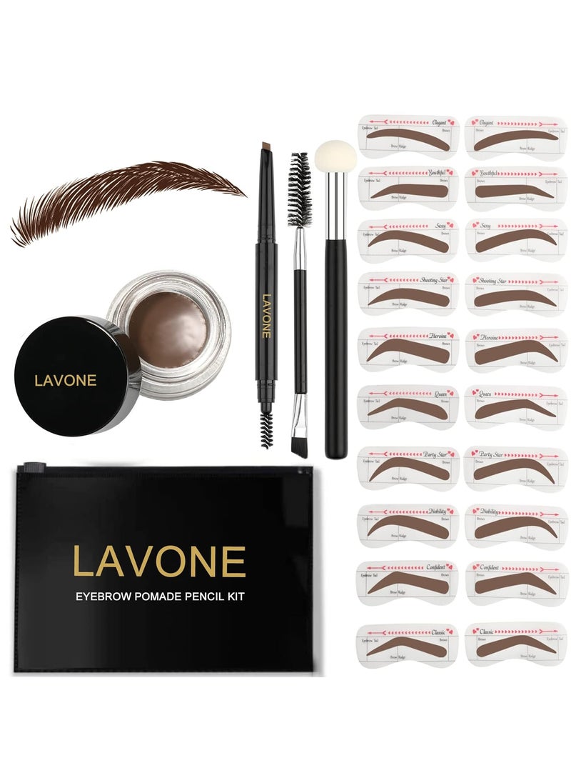 LAVONE LAVONE Eyebrow Stamp Stencil Kit Brow Stamp Trio Kit with Waterproof Eyebrow Pencil Eyebrow Pomade 20 Eyebrow Stencils Dualended Eyebrow Brush and Sponge Applicator  Dark Brown 