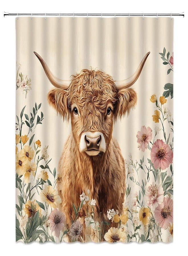 ABONAN Highland Cow Shower Curtain Cute Cow Farmhouse Rustic Floral Watercolor Flower Spring Wildflower Vintage Flower Funny Western Farm Cattle Fabric Bathroom Decor Set with Hooks(70" WX70 H) - Image 2