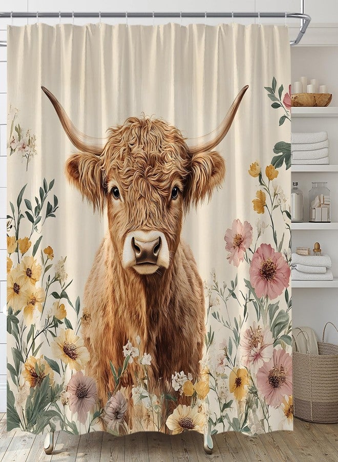ABONAN Highland Cow Shower Curtain Cute Cow Farmhouse Rustic Floral Watercolor Flower Spring Wildflower Vintage Flower Funny Western Farm Cattle Fabric Bathroom Decor Set with Hooks(70" WX70 H) - Image 1