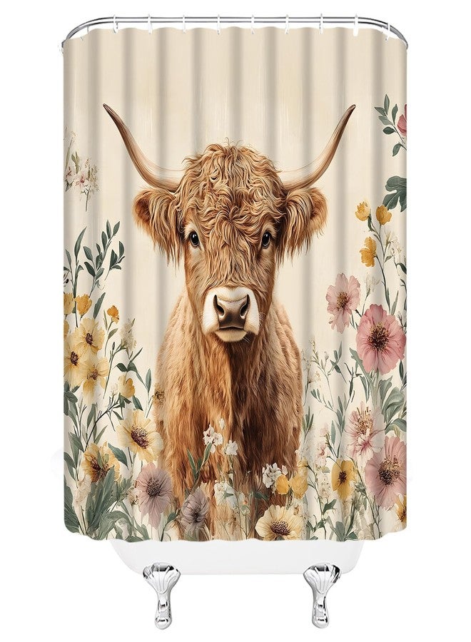 ABONAN Highland Cow Shower Curtain Cute Cow Farmhouse Rustic Floral Watercolor Flower Spring Wildflower Vintage Flower Funny Western Farm Cattle Fabric Bathroom Decor Set with Hooks(70" WX70 H) - Image 3