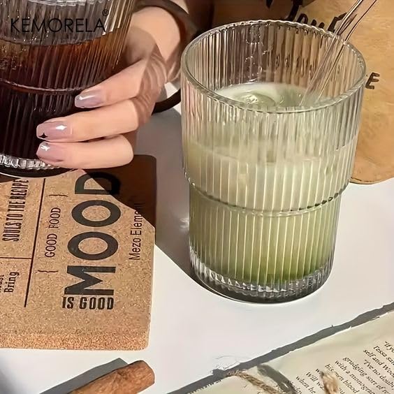 WEZOSHINET Ribbed Heat Resistant Drinking Glasses Cup with Vertical Stripes Pattern for Iced Coffee Cups Whiskey Cocktail Beer Water Glasses for Home Party Bar 2 Pcs250 ML - Image 5