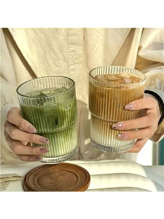 WEZOSHINET Ribbed Heat Resistant Drinking Glasses Cup with Vertical Stripes Pattern for Iced Coffee Cups Whiskey Cocktail Beer Water Glasses for Home Party Bar 2 Pcs250 ML - Image 1