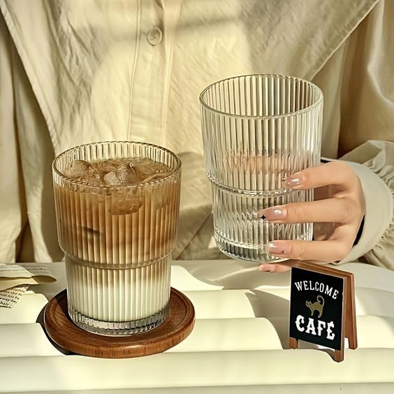 WEZOSHINET Ribbed Heat Resistant Drinking Glasses Cup with Vertical Stripes Pattern for Iced Coffee Cups Whiskey Cocktail Beer Water Glasses for Home Party Bar 2 Pcs250 ML - Image 4