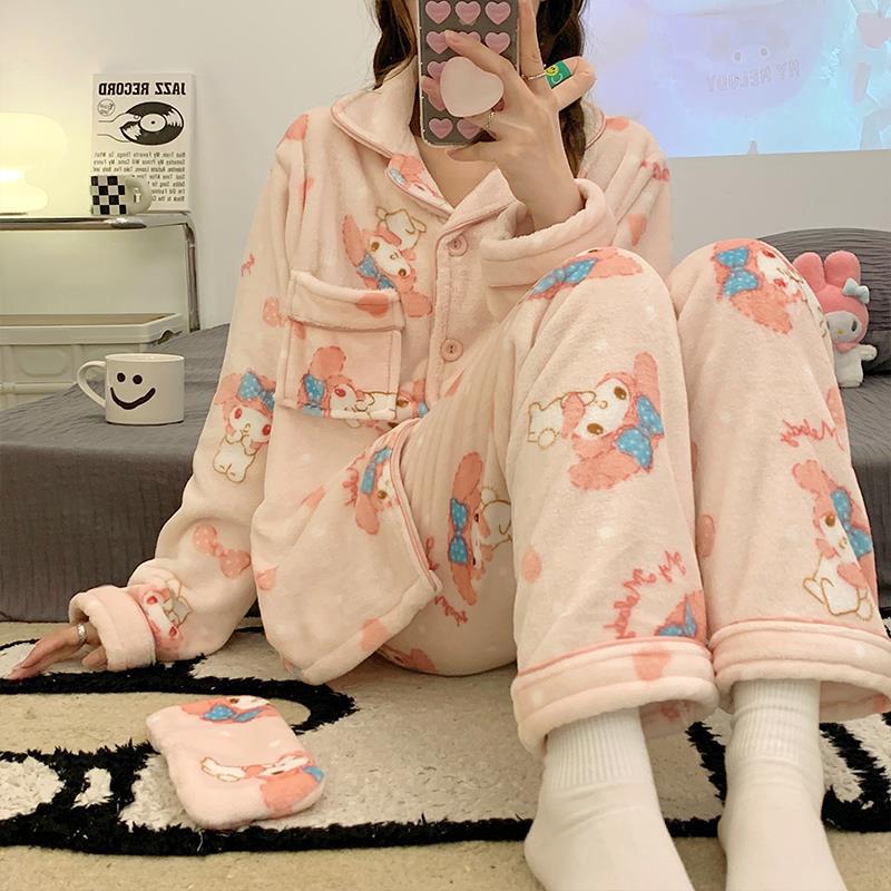 Coral Fleece Pajamas Womens Cute Thickened Warm Home Suit S2223# Mi Le Rabbit-Eye Mask