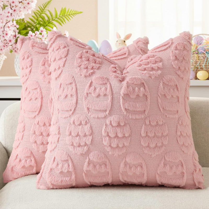decorUhome Easter Pink Egg Pillow Covers 18x18 Inch Set of 2 Soft Plush Faux Wool Jacquard Cushion Covers Farmhouse Neutral Fuzzy Spring Easter Holiday Decor for Couch Sofa Bed - Image 2
