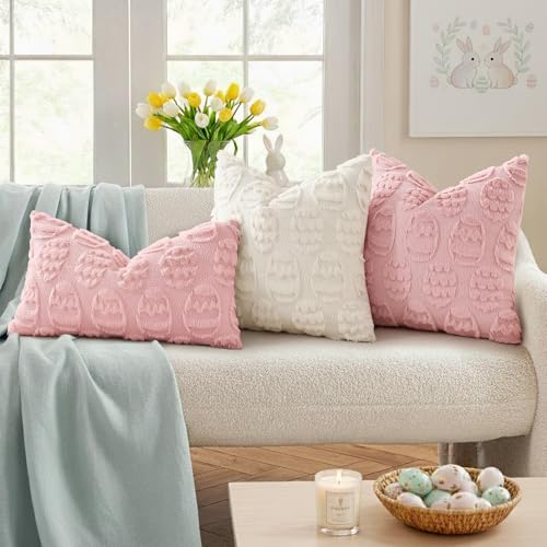 decorUhome Easter Pink Egg Pillow Covers 18x18 Inch Set of 2 Soft Plush Faux Wool Jacquard Cushion Covers Farmhouse Neutral Fuzzy Spring Easter Holiday Decor for Couch Sofa Bed - Image 3