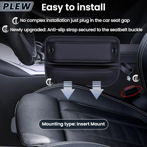 PLEW 2-Pack Car Seat Gap Filler Organizer - Upgraded Anti-Slip Strap Design - Premium Leather Side Console Pocket - Prevent Phone Falling - (0.2”-1.2" Gaps),Clever Gifts For SUV, Truck & Sedan, Black - Image 3