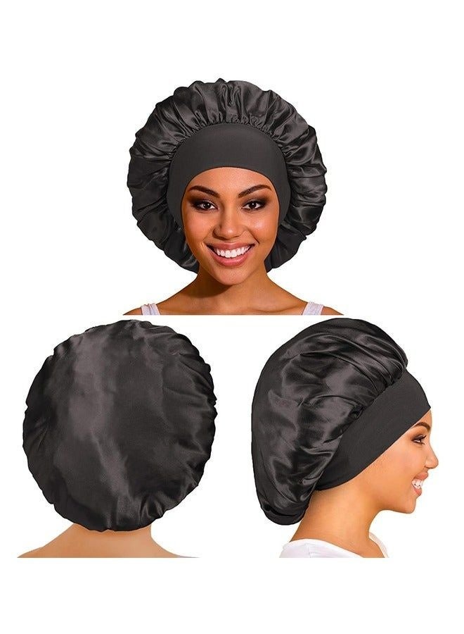 Satin Elastic Sleep Shower Cap, Oversized Bonnet for Curly Hair Protection, 3 Count - Image 1