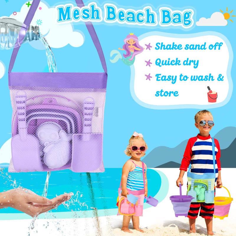 TSDATOWR Collapsible Beach Toys for Kids, 3 Pack Foldable Sand Buckets and Shovels Set with Mesh Bag, Silicone Pails Shovels Molds, Sandbox Travel Sand Toys for Beach Essentials for Toddlers Kids Age 3-10 - Image 4