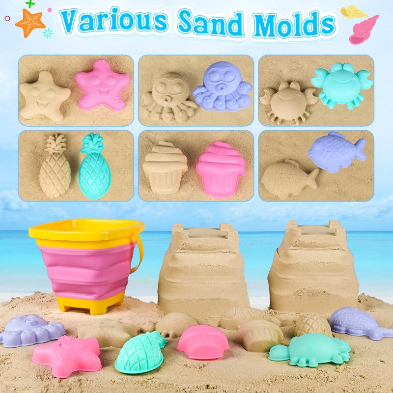 TSDATOWR Collapsible Beach Toys for Kids, 3 Pack Foldable Sand Buckets and Shovels Set with Mesh Bag, Silicone Pails Shovels Molds, Sandbox Travel Sand Toys for Beach Essentials for Toddlers Kids Age 3-10 - Image 2