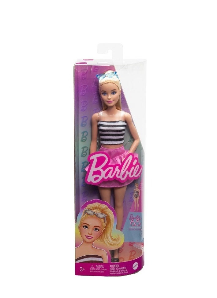 Barbie BARBIE FASHIONISTAS DOLL, BLONDE WITH STRIPED TOP, PINK SKIRT & SUNGLASSES, 65TH ANNIVERSARY 